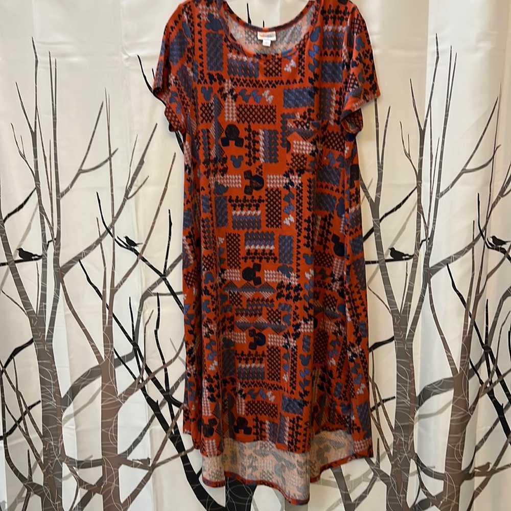 LulaRoe Disney Mickey Mouse Blues, Burnt Sienna, hi/low dress - size Large